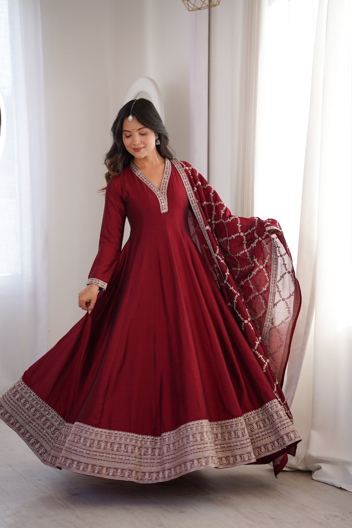 Royal Blooming Vichitra Silk Full Kali Anarkali Gown Set
