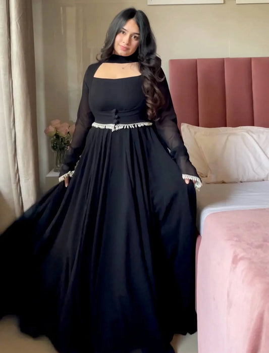 Elegant Designer Faux Georgette Maxi Anarkali Suit Set With Koti & Dupatta