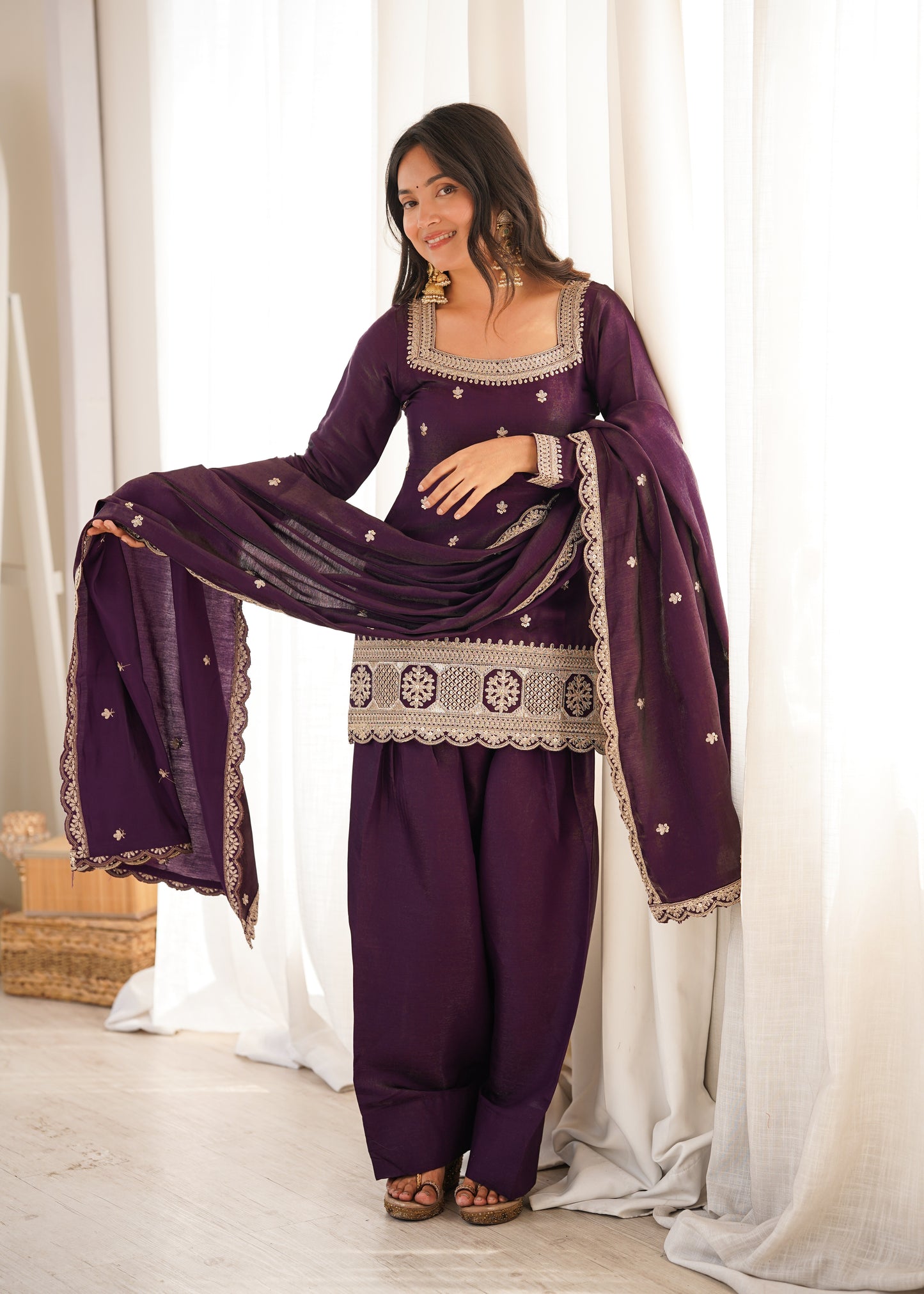 Premium Glass Roman Silk Embroidered Kurta Farshi Shalwar Set with Dupatta