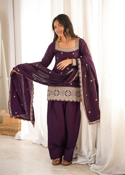 Premium Glass Roman Silk Embroidered Kurta Farshi Shalwar Set with Dupatta