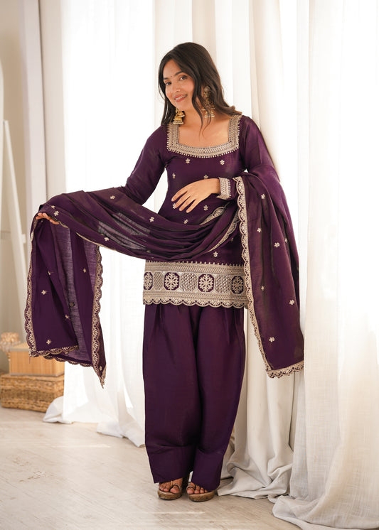 Premium Glass Roman Silk Embroidered Kurta Farshi Shalwar Set with Dupatta