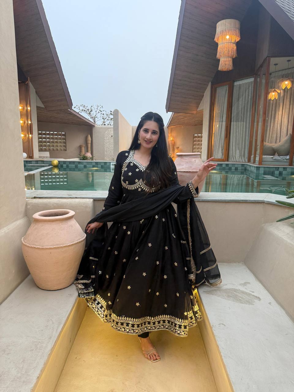 Heavy Vichitra Silk Designer Anarkali Suit with Embroidery & Organza Dupatta