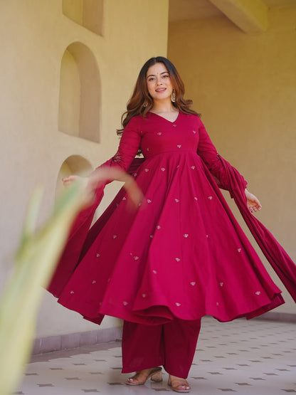 Heavy Roman Silk Embroidered Anarkali Kurta Set with Palazzo & Chanderi Silk Dupatta