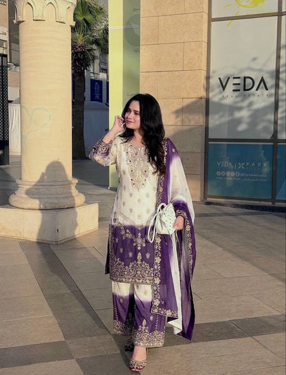 Women's Heavy Dual Tone Star Georgette Embroidered Kurta Palazzo Set with Dupatta
