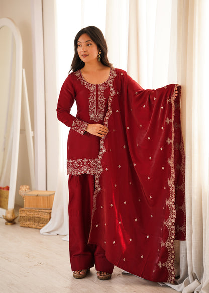Elegant Glass Roman Silk Kurta Farshi Shalwar Set with Embroidered Dupatta