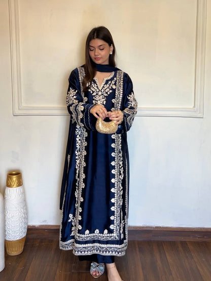 Premium Satin Rayon Embroidered Long Kaftan Set