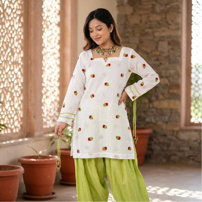 Pure Cambric Cotton Embroidered Kurta Farshi Pant Set with Chiffon Dupatta