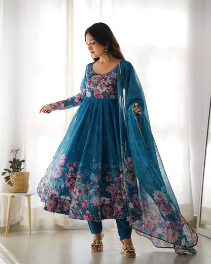 Pure Soft Organza Silk Fully Flared Kali Cut Anarkali Suit Set with Dupatta & Pant