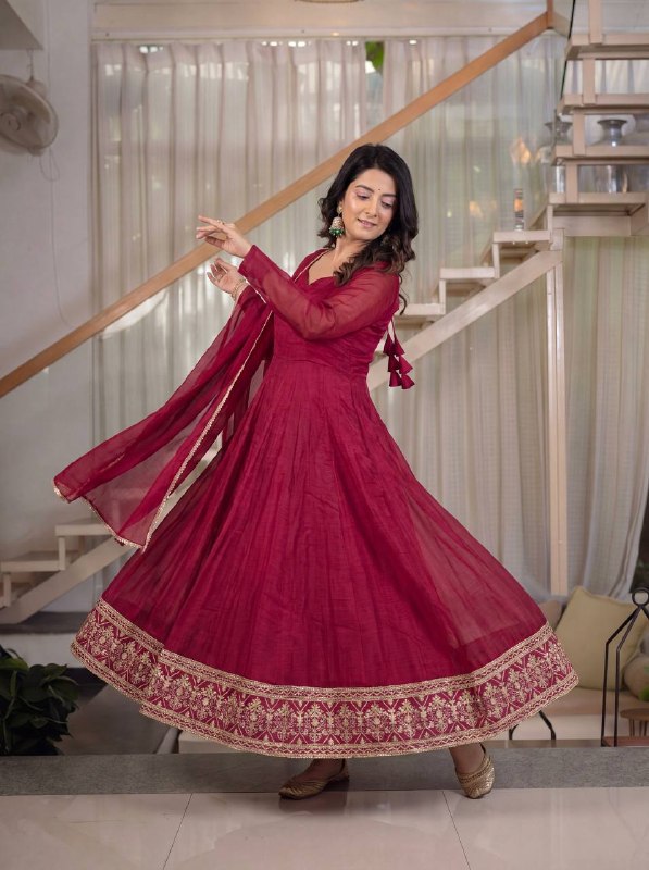 Heavy Crunchy Silk Embroidered Anarkali Kurta Set with Pant & Dupatta