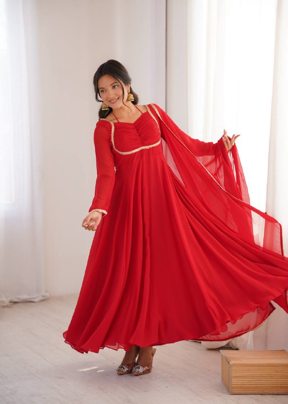 Premium Designer Fox Georgette Long Gown with Rich Flare & Lace Dupatta