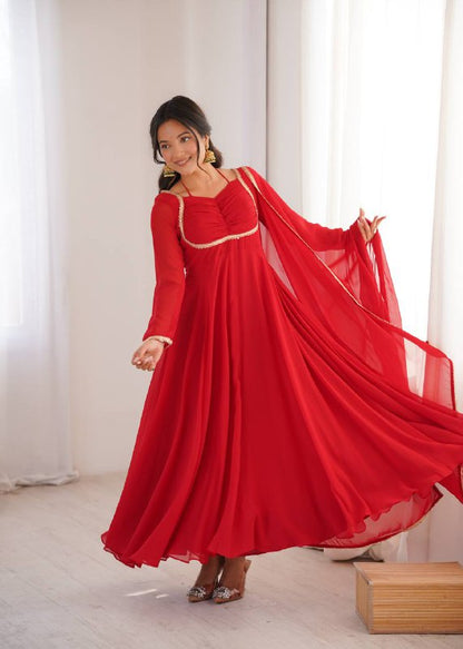 Premium Designer Fox Georgette Long Gown with Rich Flare & Lace Dupatta