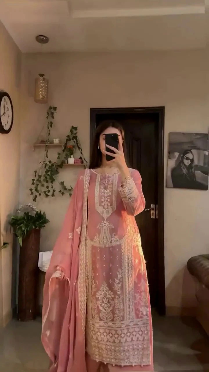 Peach Embroidered Kurta Palazzo Set with Dupatta – Elegant Festive Wear