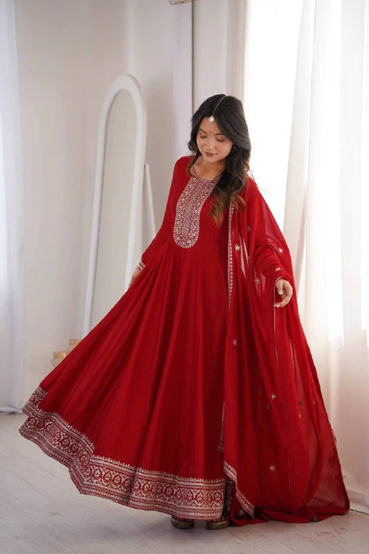 Designer Vichitra Silk Full Kali Anarkali Gown with Dupatta