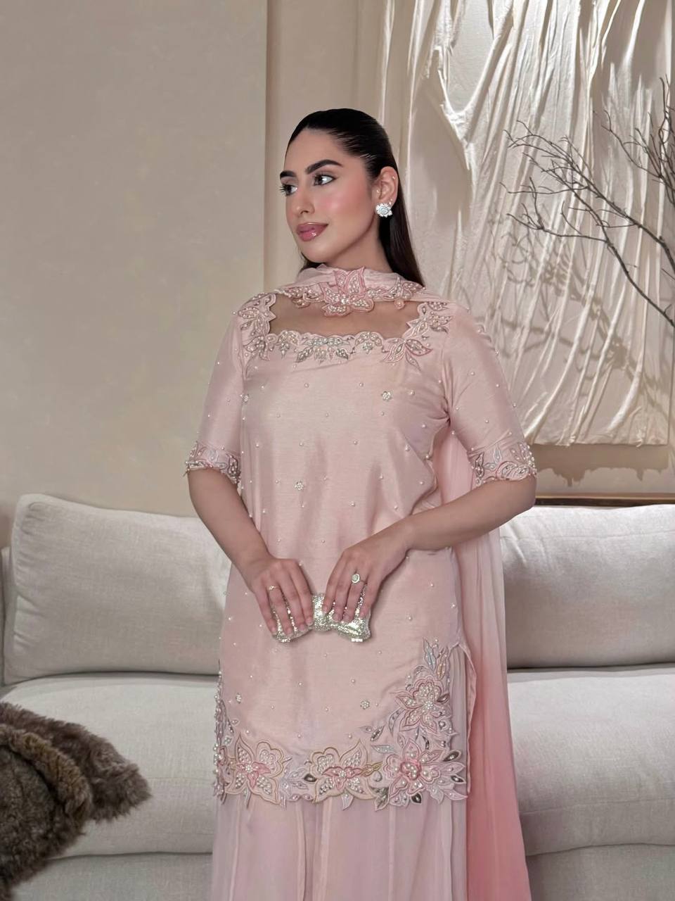 Heavy Roman Glass Silk Embroidered Sharara Suit Set with Digital Print Dupatta