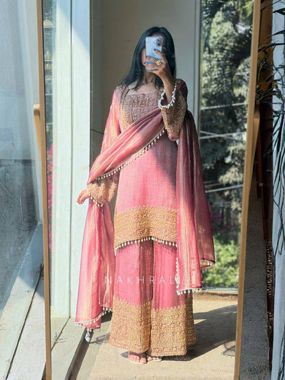 Designer Party Wear Frendy Silk Top Palazzo Set with Heavy Embroidery