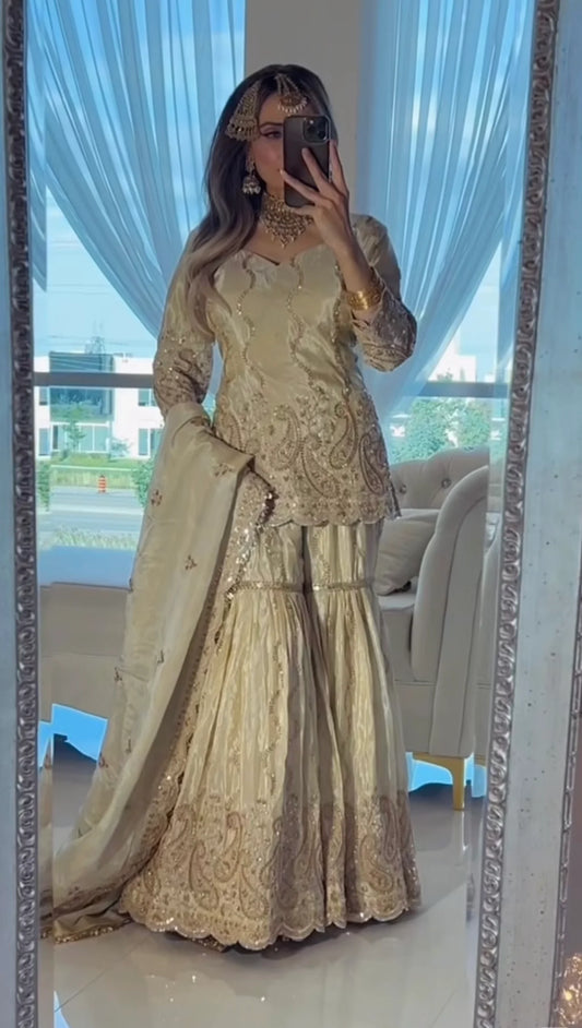 Premium Chinon Silk Embroidered Sharara Set