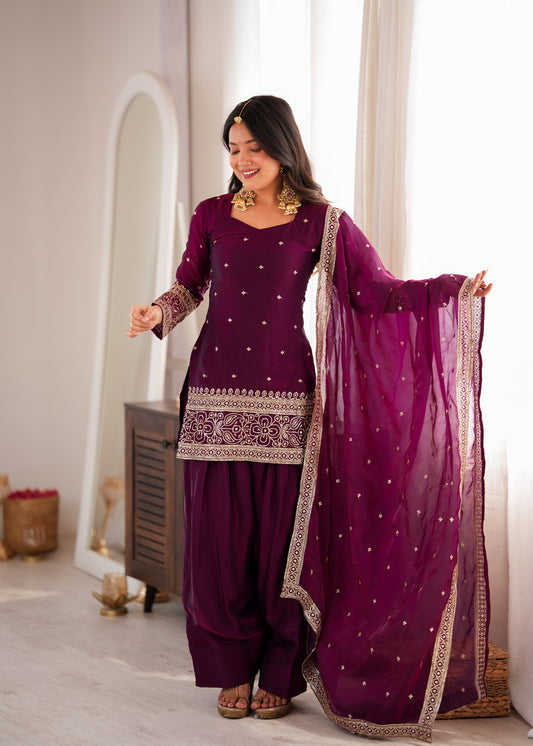 Heavy Fendy Silk Embroidered Kurta with Farshi Shalwar & Roman Silk Dupatta