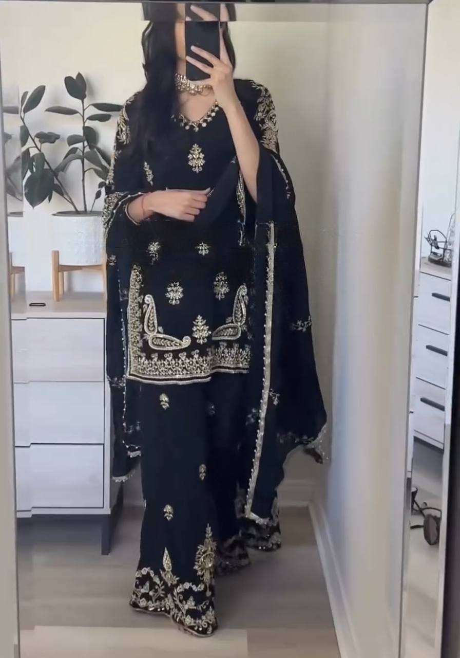 Heavy Chinnon Silk 5mm Sequence Embroidered Palazzo Suit With Dupatta