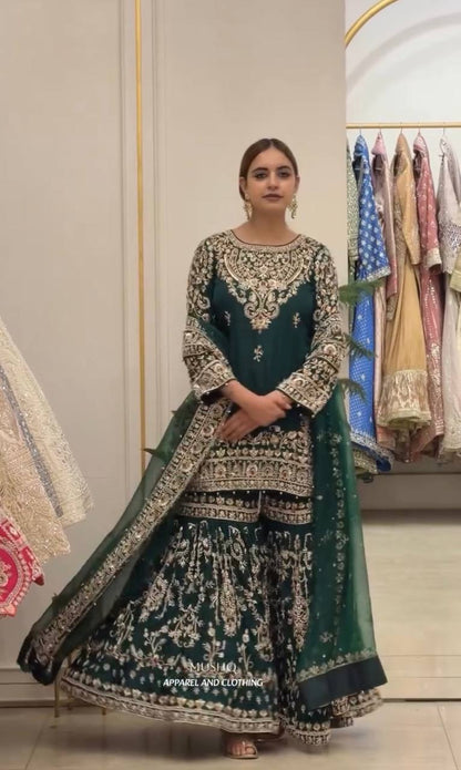Heavy Faux Georgettec Sharara Suit Set with Meena Stone & Ceramic Moti Handwork
