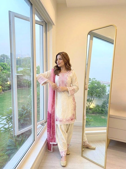 Pure Satin Rayon Embroidered Farshi Plazzo Suit Set with Chiffon Georgette Dupatta