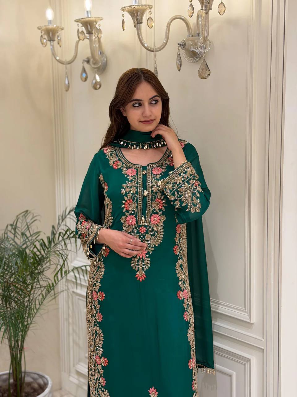 Premium Faux Georgette Embroidered  Kurta Plazzo Suit with Latkan Lace Dupatta
