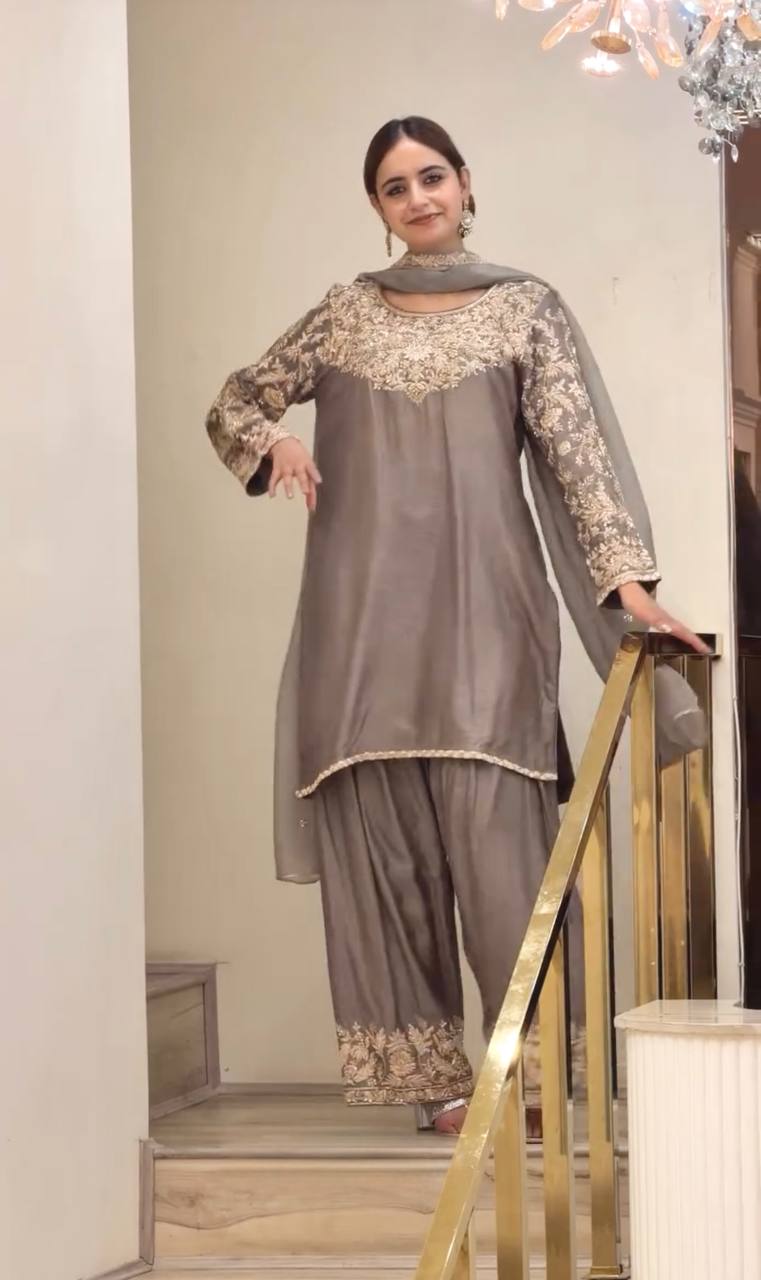 Premium Chinon Silk  Sequence Work Farshi Plazzo Suit Set with Dupatta