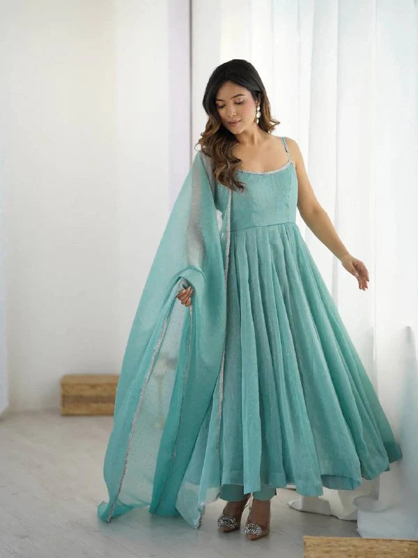 Women’s Crunchy Silk Anarkali Suit Set with Swarovski Work & Lace Border Dupatta