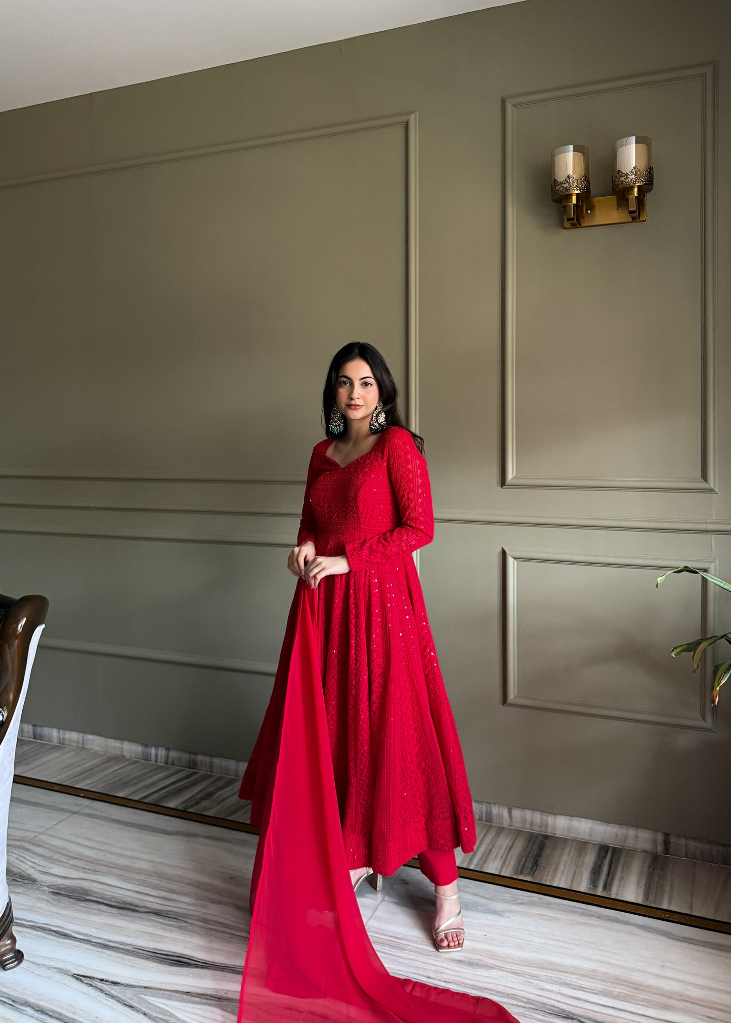Heavy Fox Georgette Lucknowi Embroidered Anarkali Gown Set with Dupatta