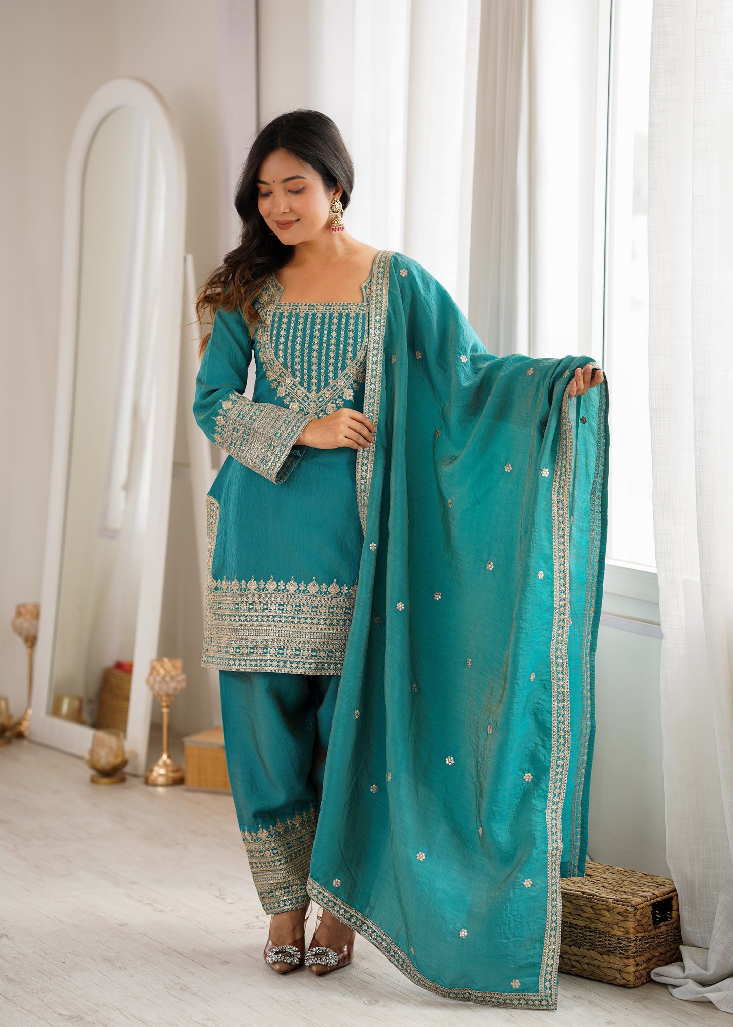 Party Wear NC Vichitra Silk Farshi Shalwar Set with Lace Dupatta