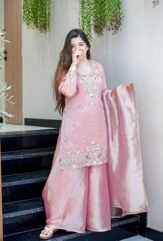 Elegant Heavy Embroidered Satin Suit Set for Women