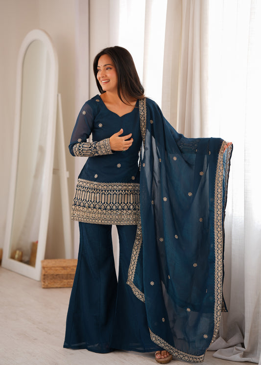 Crunchy Silk Embroidered Kurta with Bell Bottom Pant & Dupatta