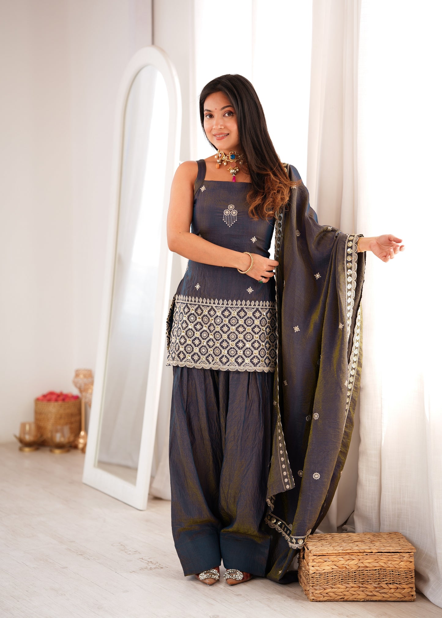 Premium Ethnic NC Vichitra Silk Kurta Farshi Shalwar Set
