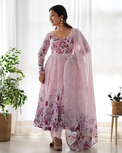 Pure Soft Organza Silk Fully Flared Kali Cut Anarkali Suit Set with Dupatta & Pant