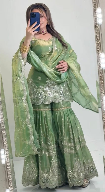 Mustard Designer Sharara Suit Set | Heavy Fandy Crush with 5mm Sequin & Embroidery Work