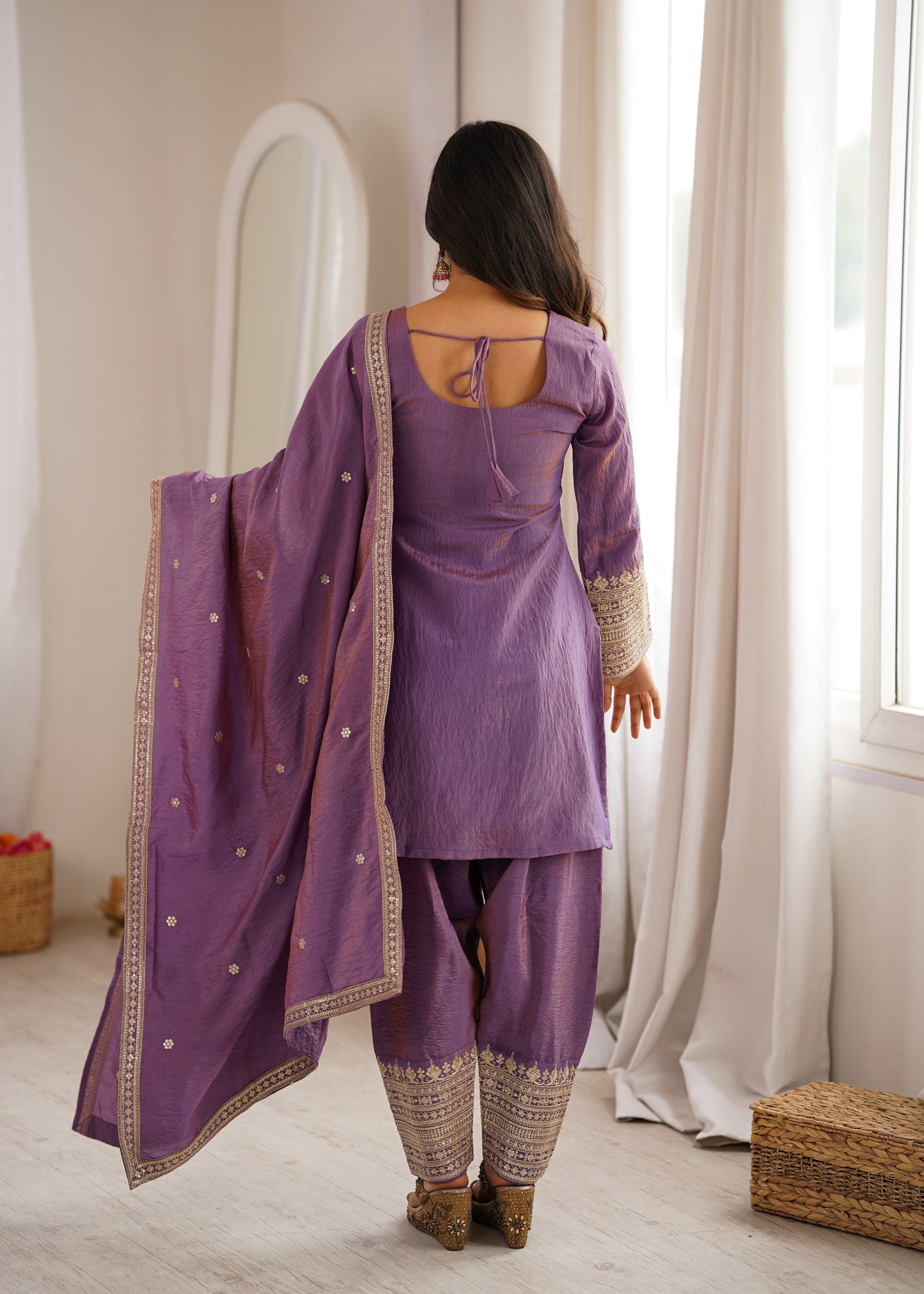 Party Wear NC Vichitra Silk Farshi Shalwar Set with Lace Dupatta