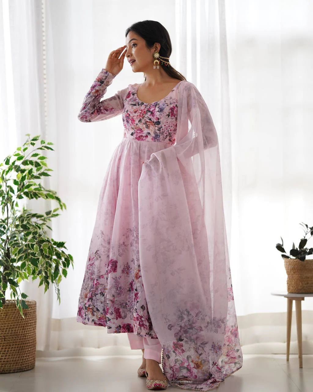 Pure Soft Organza Silk Fully Flared Kali Cut Anarkali Suit Set with Dupatta & Pant