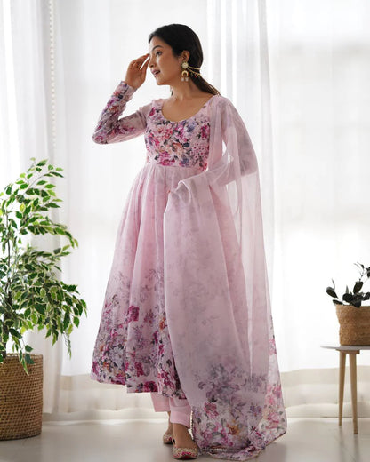 Pure Soft Organza Silk Fully Flared Kali Cut Anarkali Suit Set with Dupatta & Pant
