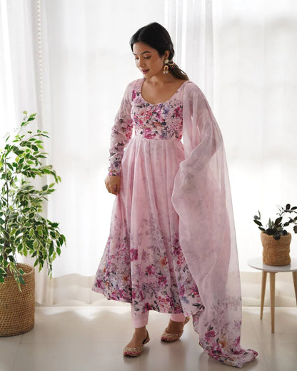 Pure Soft Organza Silk Fully Flared Kali Cut Anarkali Suit Set with Dupatta & Pant