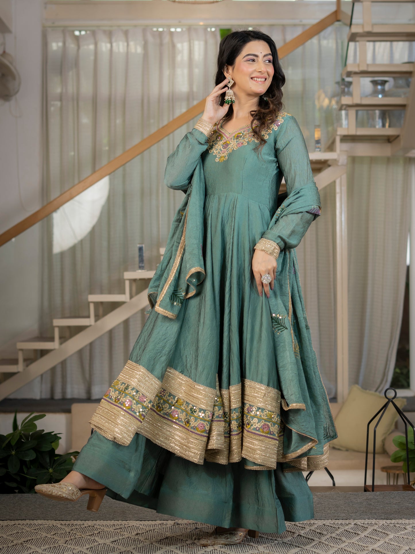 Premium Heavy Rangoli Crush Designer Anarkali Suit Set with Embroidery