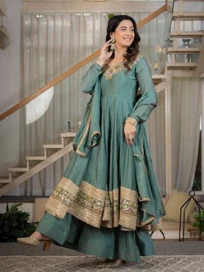 Premium Heavy Rangoli Crush Designer Anarkali Suit Set with Embroidery