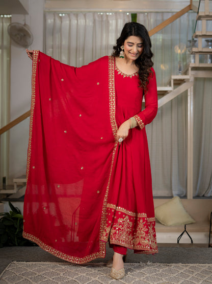 Heavy Rangoli Crush Embroidered Anarkali Suit Set with Pant & Dupatta