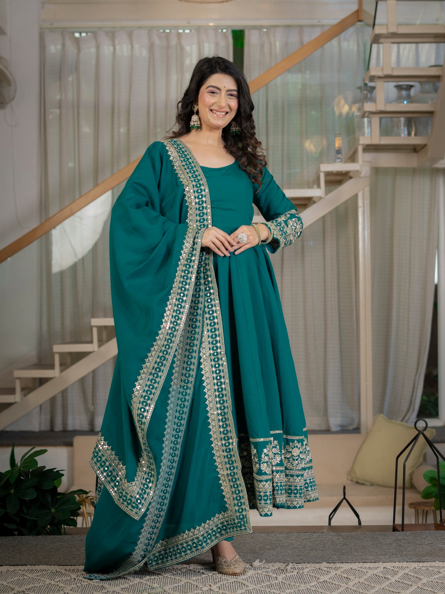Heavy Roman Cotton Silk Embroidered Anarkali Suit Set with Pant & Dupatta