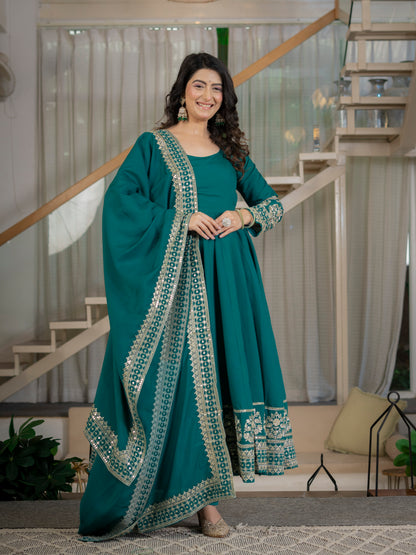 Heavy Roman Cotton Silk Embroidered Anarkali Suit Set with Pant & Dupatta