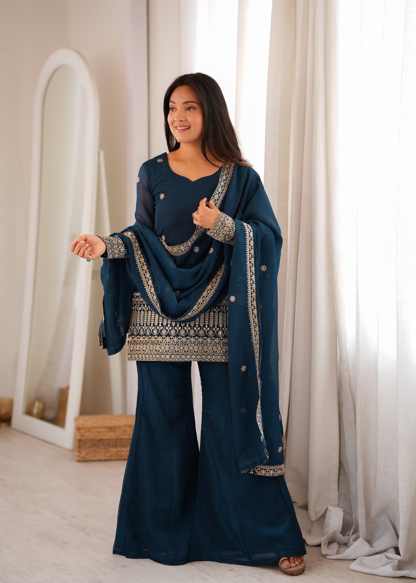 Crunchy Silk Embroidered Kurta with Bell Bottom Pant & Dupatta