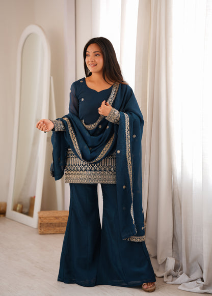 Crunchy Silk Embroidered Kurta with Bell Bottom Pant & Dupatta