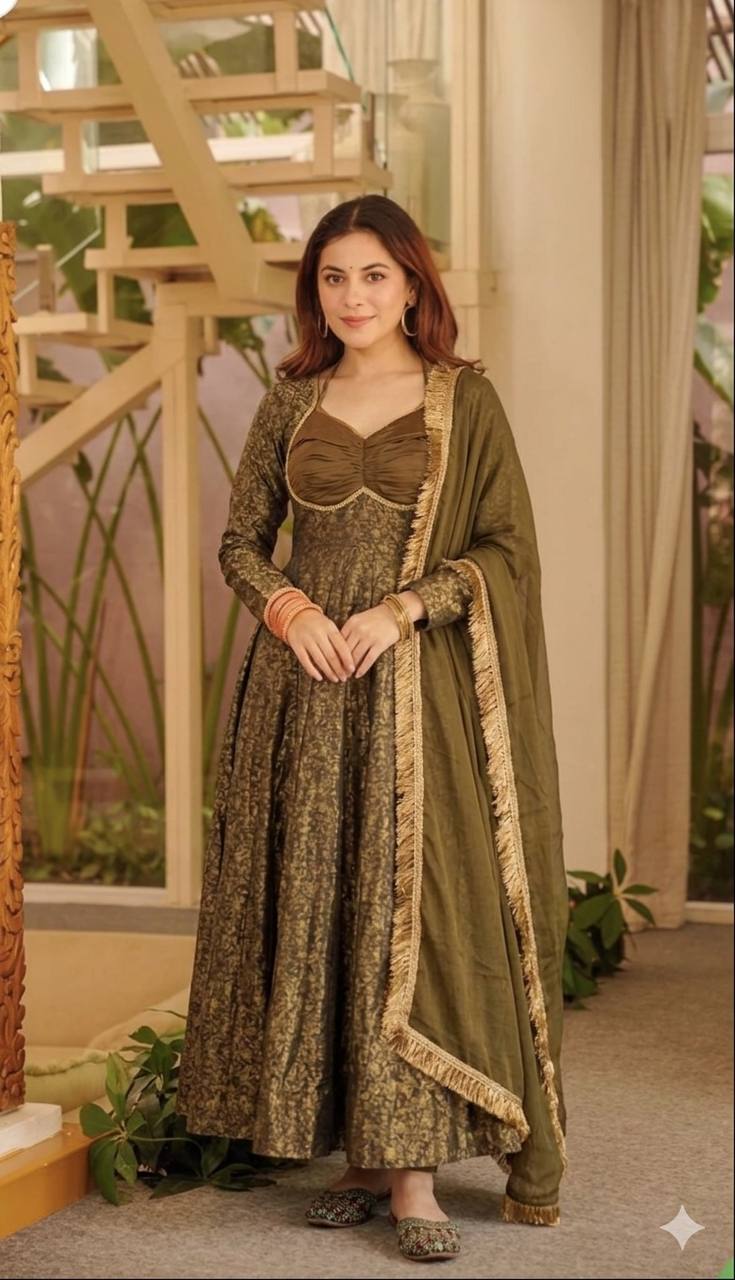 Women's Floral Brocade Jacquard Anarkali Suit Set with Pant & Dupatta