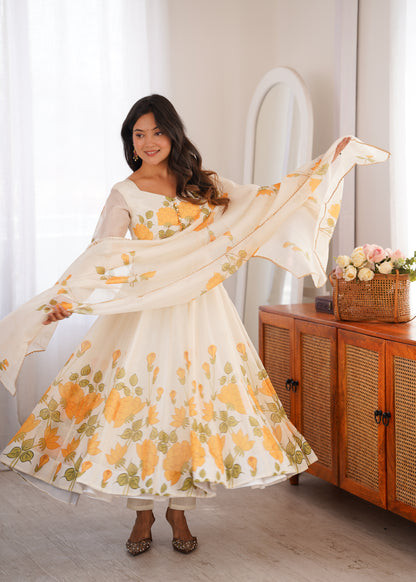 Women's Heavy Organza Silk Floral Print Anarkali Gown Set with Dupatt