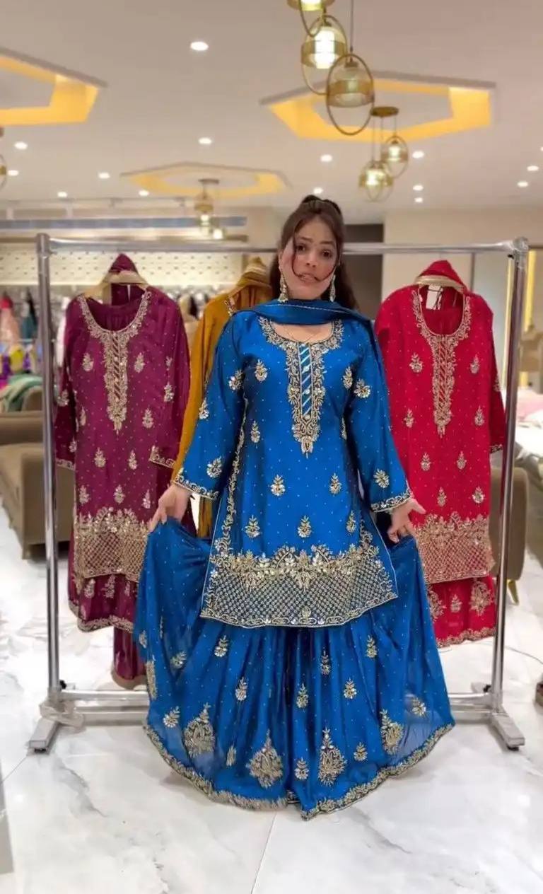 Heavy Chinon Silk Sequence Embroidery Sharara Set with Dupatta