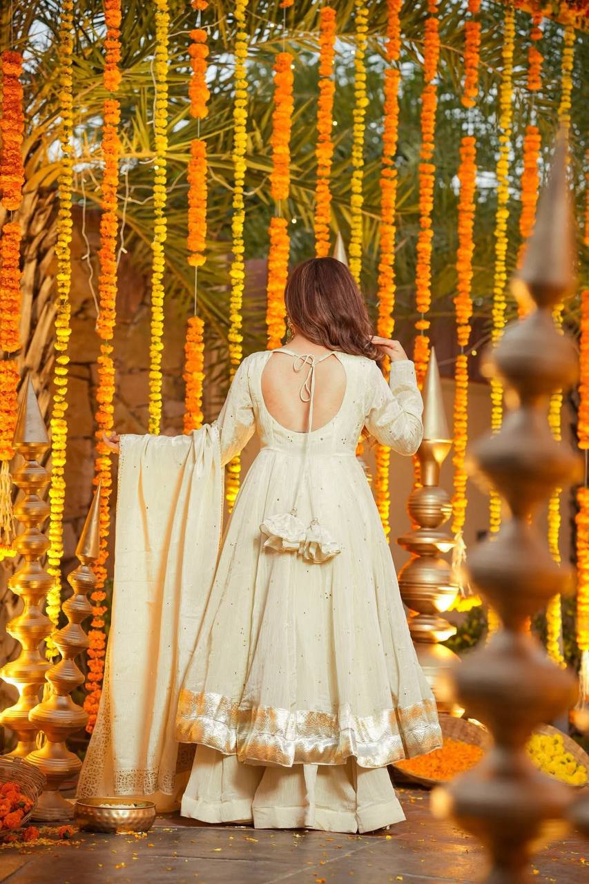 Heavy Flair Chinnon Silk Gown Set with Plazzo (Fully Stitched)