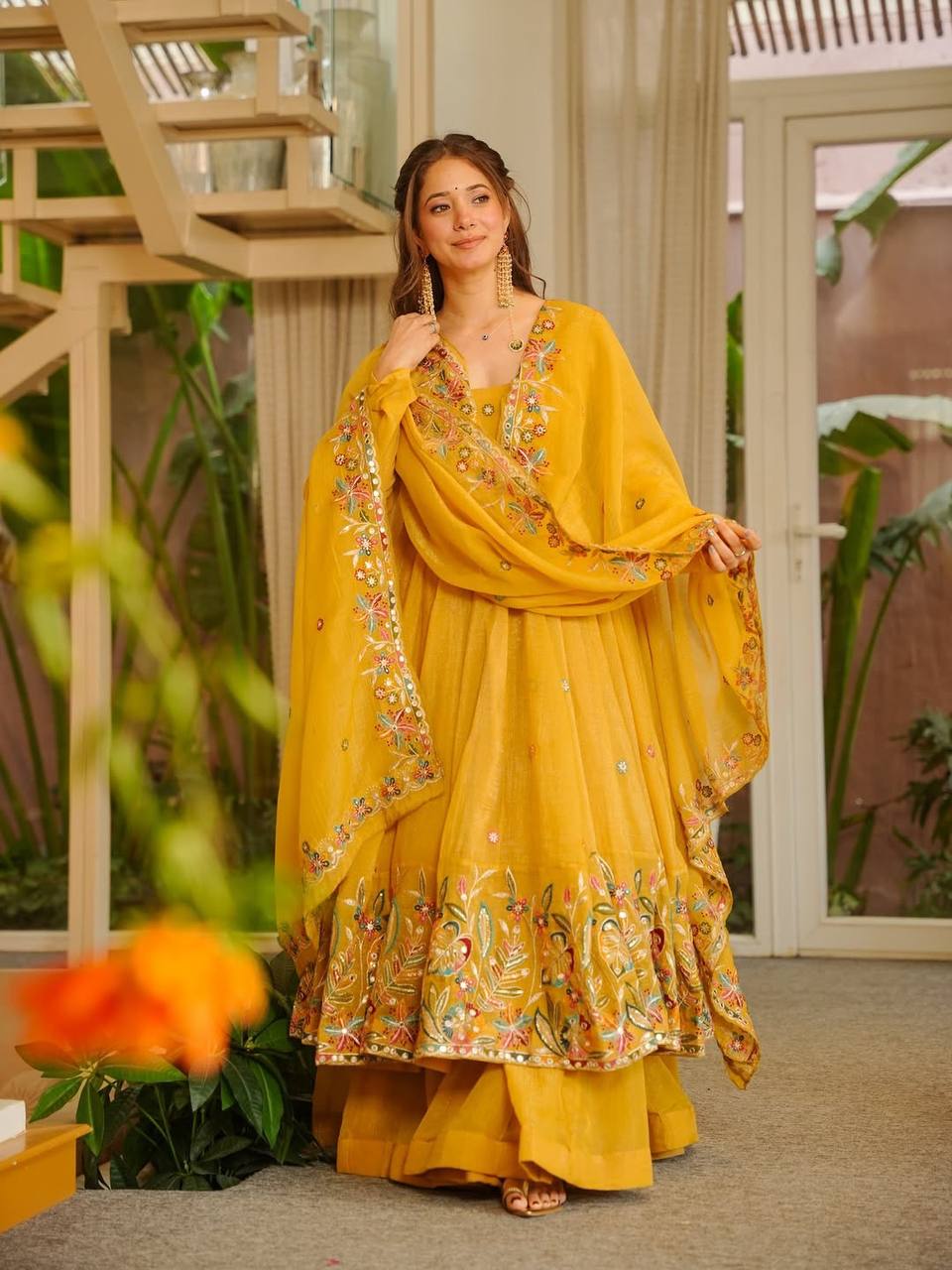 Elegant Crunchy Silk Anarkali Suit Set with Palazzo & Embroidered Dupatta for Women